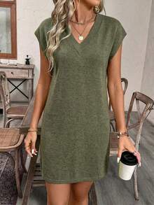 EMERY ROSE Solid Color V-Neck Casual Versatile Summer Short Sleeve Dress - Multicolor - View 3