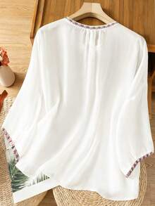 Linhara 大码刺绣舒适亚麻中长袖衬衫波西米亚风雪纺女式衬衫波西米亚风上衣大码女式夏季衬衫波西米亚风女式上衣 - 白色 - 查看 2