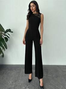 Firerie Women's New Sexy & Elegant Commuter Black Lace Patchwork Sleeveless Slim Fit Jumpsuit With Side Pockets - Black - View 3
