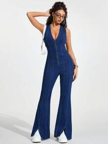 Jeanoix 女士深V领拉链前开衩下摆性感无袖牛仔连体裤 - 中等水洗藍 - 查看 6