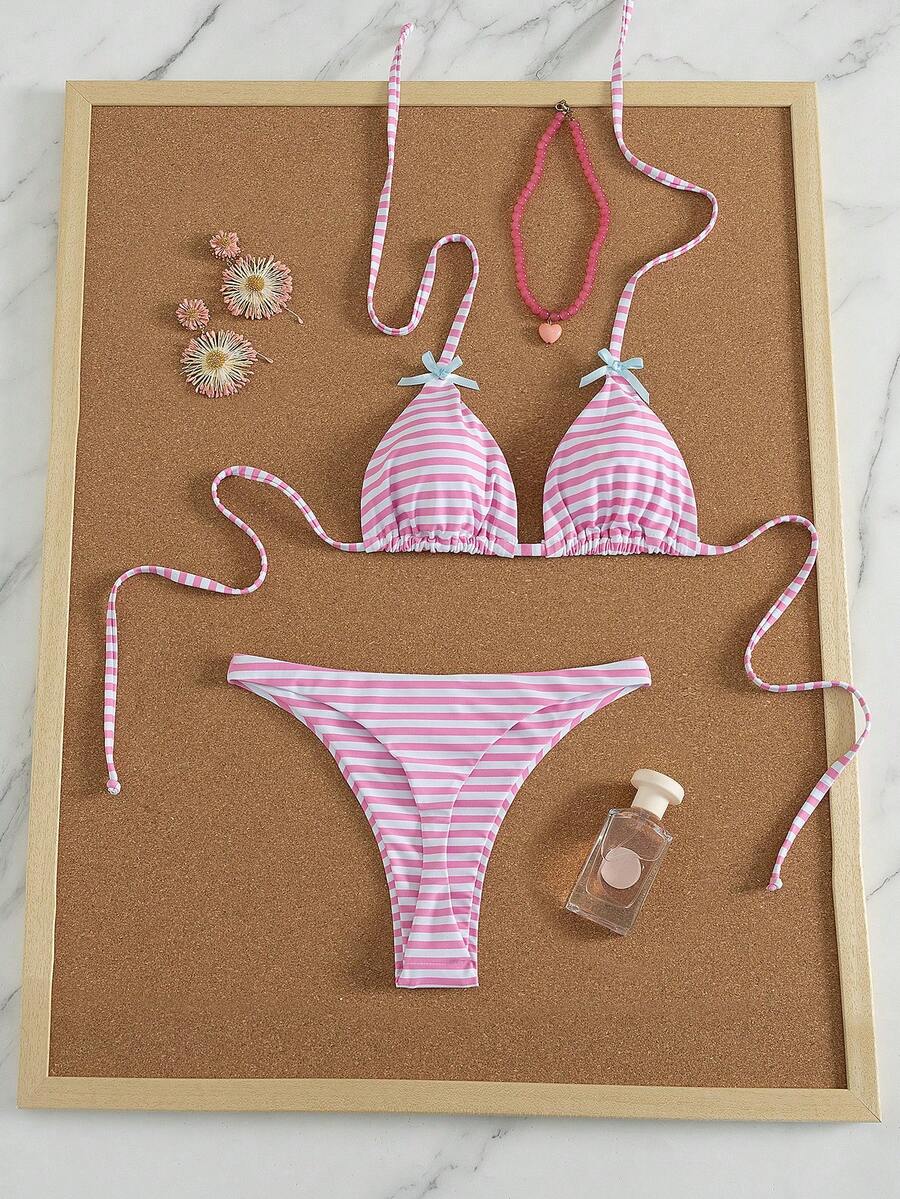 Swim Mod 2 piezas Conjunto de bikini de triángulo micro con lazo a rayas, dulce y lindo para mujeres, playa y vacaciones, primavera/verano - Rosa - Ver 1