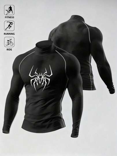 Acti Log Men's Spider Print Stand Collar Slim Fit Long Sleeve Athletic T-Shirt Compression Shirt Men