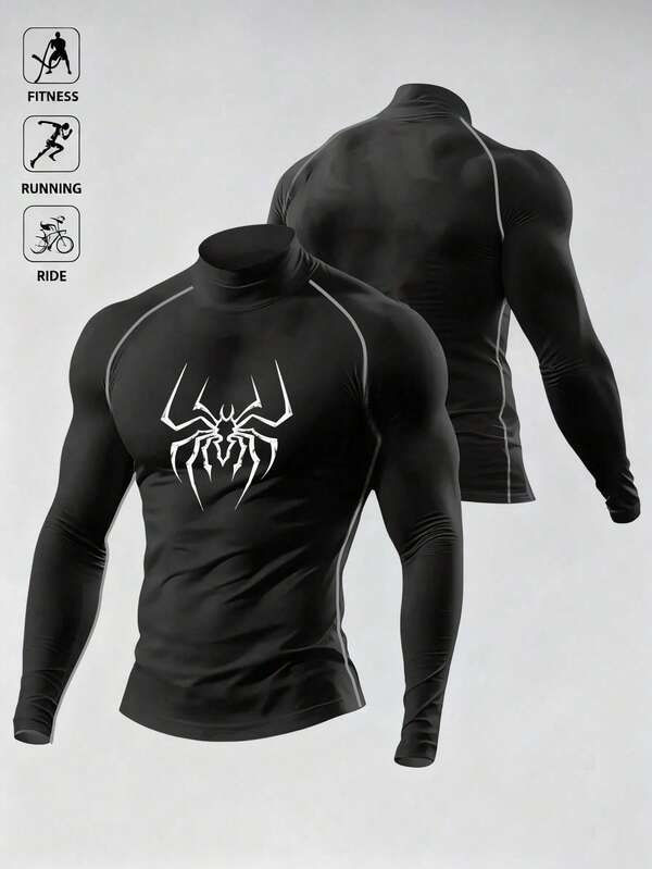 Manfinity Sport Polished Men's Spider Print Stand Collar Slim Fit Long Sleeve Athletic T-Shirt Compression Shirt Men