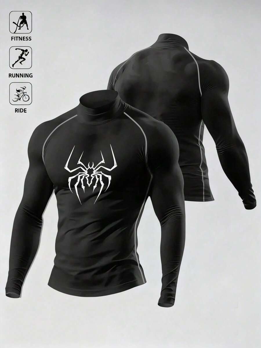 Acti Log Men's Spider Print Stand Collar Slim Fit Long Sleeve Athletic T-Shirt Compression Shirt Men - Black - View 1