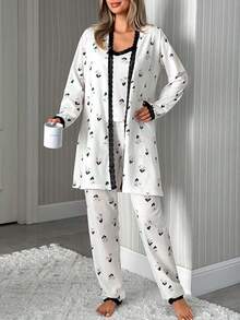 EURMUSE 3pcs Cotton Women Contrast Colour HEART&FLORAL Pattern With Lace Detail Belted Homewear Comfort Lounge Set - White - View 5