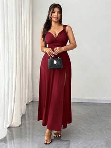 Rafferiza Women's Burgundy Elegant Romantic Sexy Solid V-Neck High Stretch Bodycon Party Dress, Versatile & Stylish Design With Slit Fall Cloth For Women Date/Party/Nightclub/Street /Halloween/Valentine's Day/Birthday Dress Wedding Guest Dress Elegant Dress Country Concert Outfit Long Dress - Burgundy - View 3