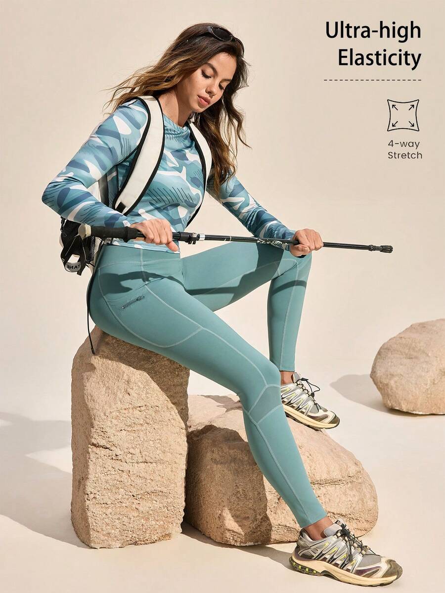 Exploreva 女士户外运动网眼拼接高弹绿色紧身裤 - 綠色 - 查看 1