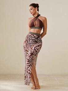 Swim Oasis Conjunto de 3 piezas de bikini y vestido de playa elegante de mujer con tela brillante marrón, tirantes cruzados y estampado jacquard, para vacaciones de verano - Marrón - Ver 8