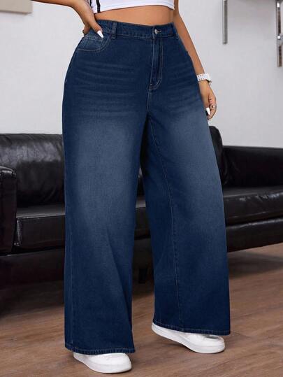 SHEIN CURVE+ Jeans azules de pierna recta y holgados de estilo vintage de vaquera para mujer de talla grande, atuendos de rodeo