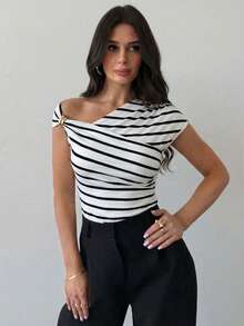 Women's Asymmetric Shoulder Wrap Ruched Waist Tight Fit T-Shirt With Metal Decor, Elegant Modest Daily Commute Tops, White, Spring/Summer One Shoulder Top Stripe Top,Summer Top - Black and White - View 7