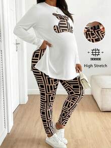 SHEIN 2 pezzi Set di top e pantaloni da maternità, taglie comode, con collo rotondo, maniche lunghe, motivo orsetto e vestibilità slim - Multicolore - Visualizzare 3