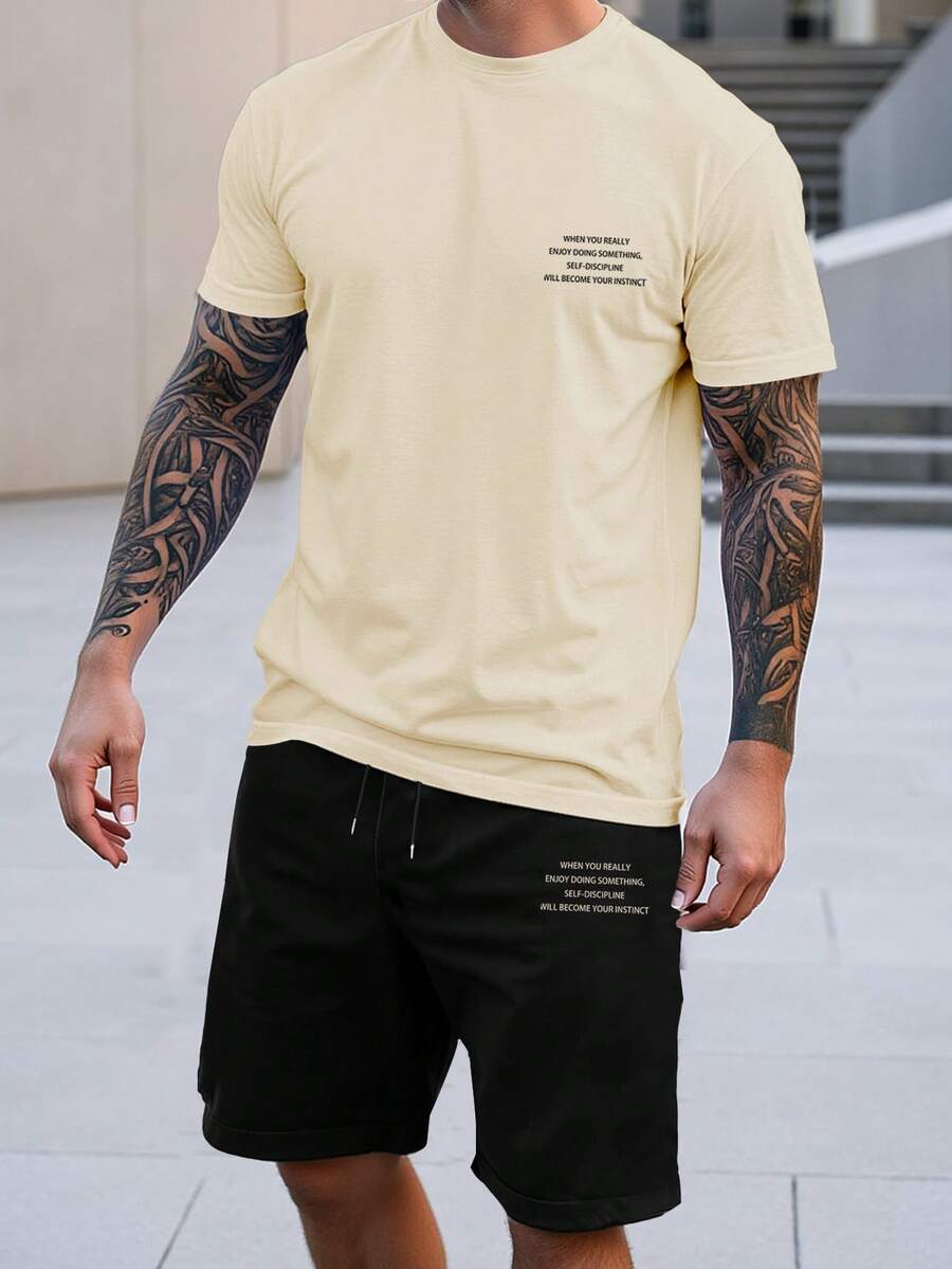 Manfinity Homme 2pcs Set Men's Casual Short Sleeve T-Shirts, Letter Graphic And Contrast Color Design, Summer, Simple Leisure Fashion, Comfortable Fabric