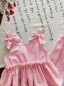 SHEIN LMoss Kids 女婴夏季可爱红色条纹吊带背心和松紧腰裤套装 - 紅色 - 查看 3