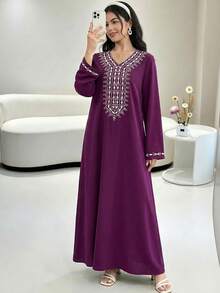 SHEIN Teen Girls' Embroidered Purple Long Sleeve Dress,Elegant Autumn Modest Arabic Jalabiya Abaya - Purple - View 1