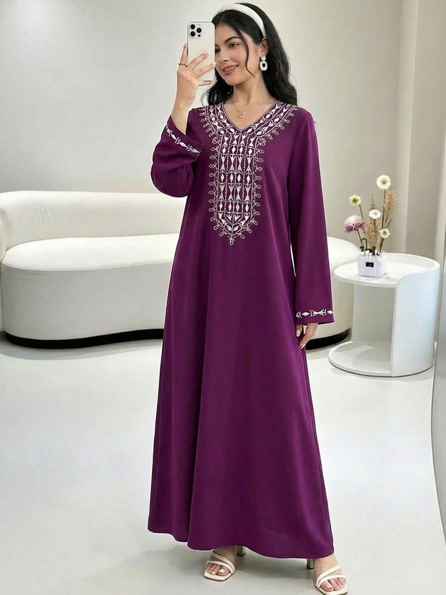 SHEIN Teen Girls' Embroidered Purple Long Sleeve Dress,Elegant Autumn Modest Arabic Jalabiya Abaya - Purple - View 1