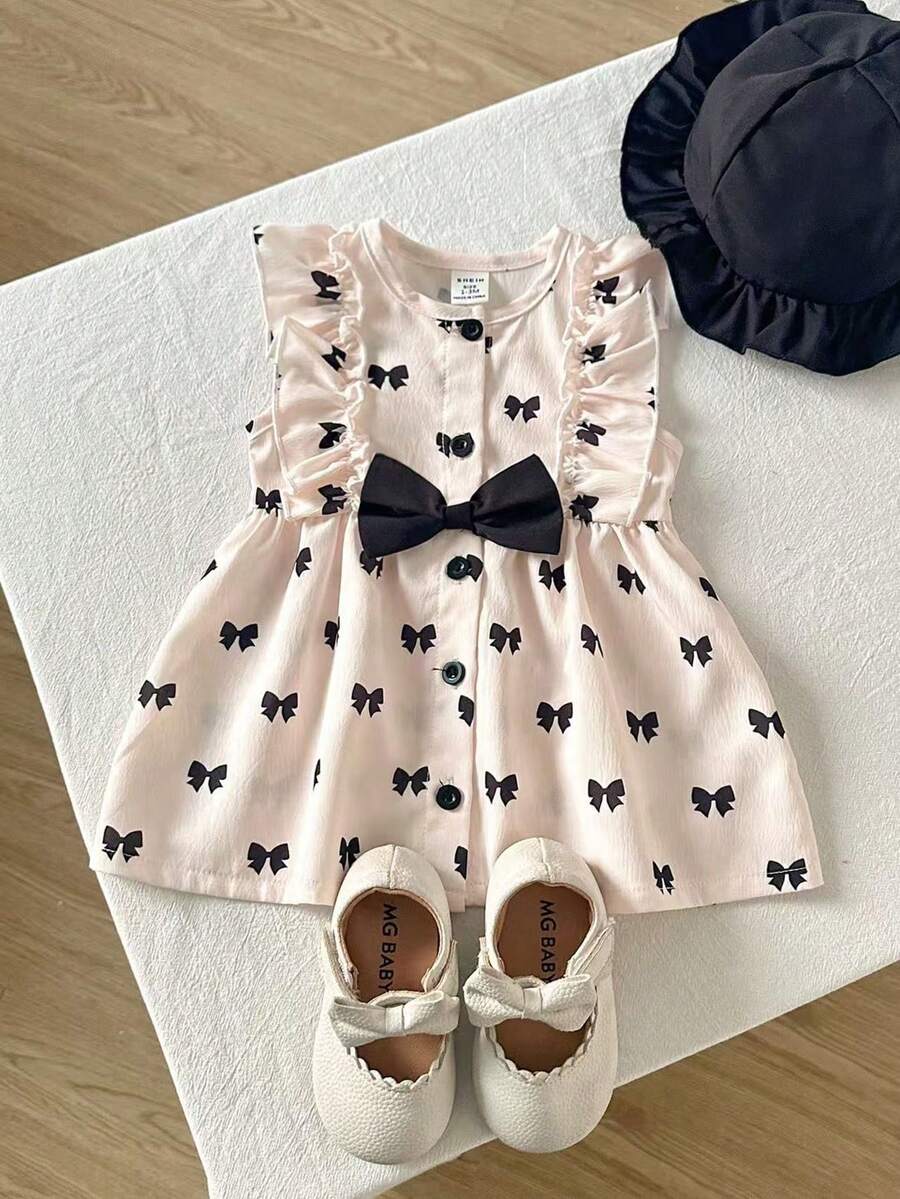SHEIN 1pc Newborn Baby Girl Round Neck Sleeveless Bow Tie Print Button Up Black And Apricot Cute Casual Vest Dress With Round Hat, Suitable For Summer Outings Or Travel - Black and White - View 1