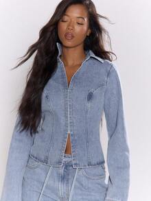 MUSERA 修身钩眼细节收腰长袖牛仔夹克，街头风可爱优雅休闲性感外出秋季太妃糖色时尚春夏款 - 淺色水洗藍 - 查看 2