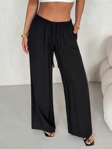 SHEIN PETITE Women's Linen Low-Waist Straight-Leg Casual Pants, Suitable For Vacation Wear, Spring/Summer - Black - View 3