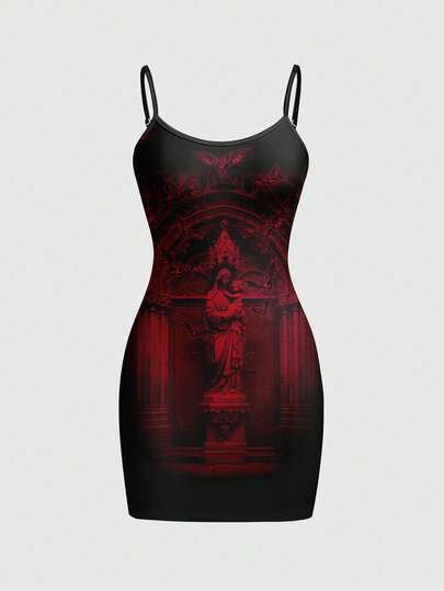 Gothic Church Dark Virgin Low-Cut Bat & Moth Sexy Vintage Dark Print Camisole Bodycon Mini Dress For Women