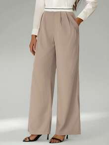 SHEIN Tall Women's Waistband Stitching Khaki Casual Elegant Women's Suit Pants - Khaki - View 4