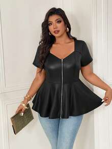 Femmeverse Áo nữ cỡ lớn cổ vuông khoét lỗ dáng chữ A chất liệu PU co giãn, giúp thon gọn và che khuyết điểm, ôm dáng. - màu đen - Xem 6