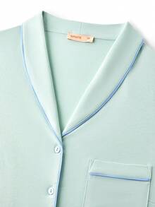 LUVLETTE 大码柔软棉质撞色滚边基本款纽扣上衣和裤子家居服睡衣套装，适合曲线身材。 - 綠色 - 查看 6