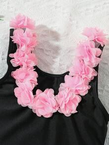 SHEIN Emery Rose Kids 少女款撞色花卉裝飾連身泳衣，夏季海灘度假 - 黑色 - 查看 3