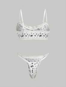 ROMWE Gothic Floral Lace & Music Note Pattern Camisole And Thong Lingerie Set - White - View 2