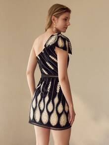 MOTF PREMIUM ASYMMETRIC NECKLINE EMBROIDERED BLACK MINI DRESS - Multicolor - View 4