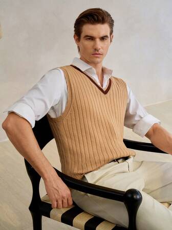 Manfinity CityGents Men's Casual Commuter Contrast Color V-Neck Knit Vest, Spring/Autumn