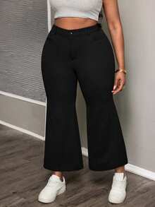 SHEIN PETITE CURVE 大码休闲纯色喇叭裤，适合日常生活、通勤、聚会、毕业典礼、办公室、约会、春季、外出等场合，女士休闲黑色裤子 - 黑色 - 查看 4