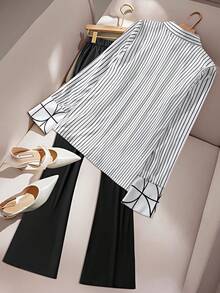 GlowEve CURVE Plus Size Women Black And White Striped Blouse,Flare Pants Set,Geometric Pattern Cuff Long Sleeve 2-Piece,Elegant,Formal,Autumn Office Casual Sets - Black and White - View 2
