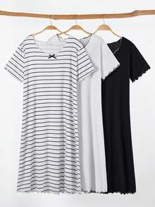 3件套少女休闲线条图案印花荷叶边睡裙/连衣裙 - 彩色 - 查看 3
