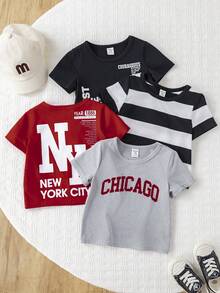 SHEIN 4pcs/Set Unisex Baby Boy/Girl Casual Letter & Stripe Print Short Sleeve T-Shirt Knit Top Outfit Set, Spring/Summer Baby Boy Clothes - Multicolor - View 1