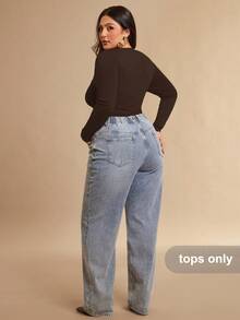 SHEIN BAE Plus Size Women's Asymmetric Collar Long Sleeve Bodysuit, Wine Red - Coffee Brown - View 2