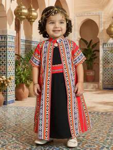 Bohemian Style Geometric Print Shawl & Dress Set, Comfortable Casual Holiday/Festival Outfit For Young Girls Kids Arabic Dress - Black - View 4