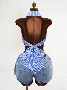 Spring And Summer Back Tie Bow-Knot Casual Design Sense Shirt - Blue and White - View 2