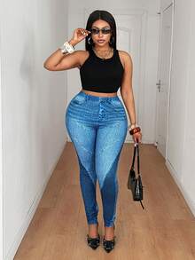 Maweii 大码女式休闲紧身针织面料弹力腰仿牛仔印花修身打底裤，时尚撞色拼接设计，新款大码紧身裤 - 彩色 - 查看 4