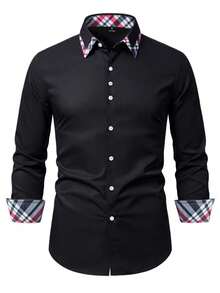 Manfinity Bizformal Áo sơ mi nam casual đa năng kẻ caro phối nhiều mảnh, thích hợp cho việc đi làm. - màu đen - Xem 2