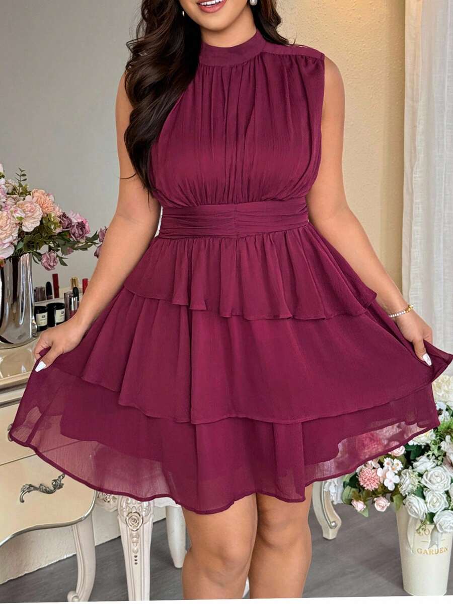 Vionelle 大码女装春夏法式浪漫西西里风优雅休闲通勤度假下午茶派对纯色雪纺褶皱面料立领腰部褶皱层叠下摆无袖短裙 - 紫紅色 - 查看 1