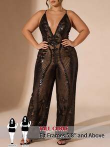 SHEIN Tall CURVE 大码女式亮片装饰深V性感阔腿连体裤 - 黑色 - 查看 8