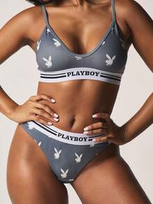 Missguided x Playboy Bunny Print V Neck Bralette With Thong Brief Set Elastic Band Intimates Loungewear Valentine Gift - Grey - View 2