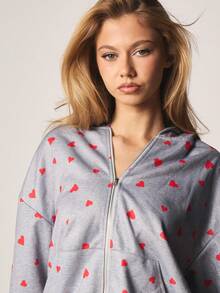 MISSGUIDED Women's Heart Print Zip Front Hoodie Valentine's Day Long Sleeve Sweatshirt With Hood Cozy Casual Pullover Top - Multicolor - View 4