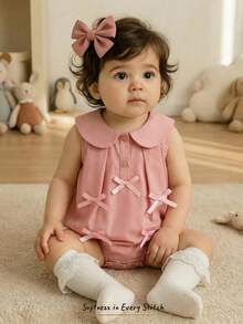 Cozy Pixies Baby Girl Pink Summer Cute Family Matching Decorative 3D Bow Collar Sleeveless Romper Dress Elegant Cotton Clothing With Panty - Pink - View 9