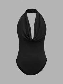 SHEIN EZwear 女士纯色垂领多功能时尚连体衣，三穿式 - 黑色 - 查看 3