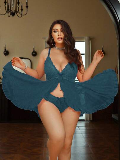 SHEIN 2pcs Plus Size Lace Mesh Patchwork Sexy Women's Sleepwear Set [Nightgown + Pants]