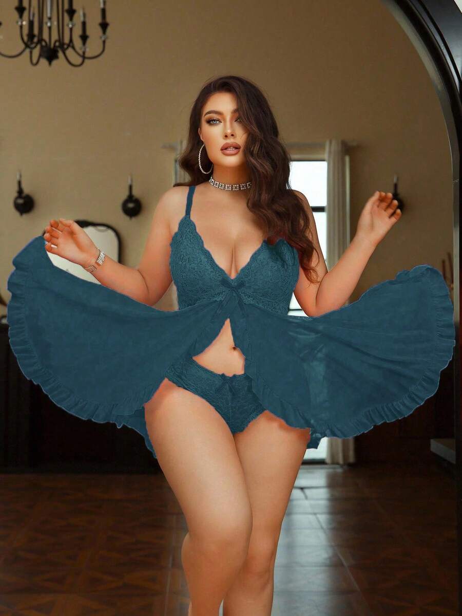 SHEIN 2 件大码蕾丝网眼拼接性感女士睡衣套装 [睡袍 + 裤子] - 水鴨藍 - 查看 1