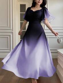 Modelyn 女士黑粉渐变蝙蝠印花褶皱短袖甜美法式夏日连衣裙 - 紫色 - 查看 6