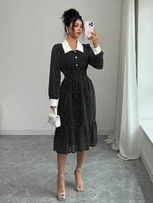 Rafferiza Vestido feminino de chiffon preto e branco com estampa de bolinhas, modelagem ajustada e detalhes vintage com botões. Elegante. - Preto e Branco - Ver 6