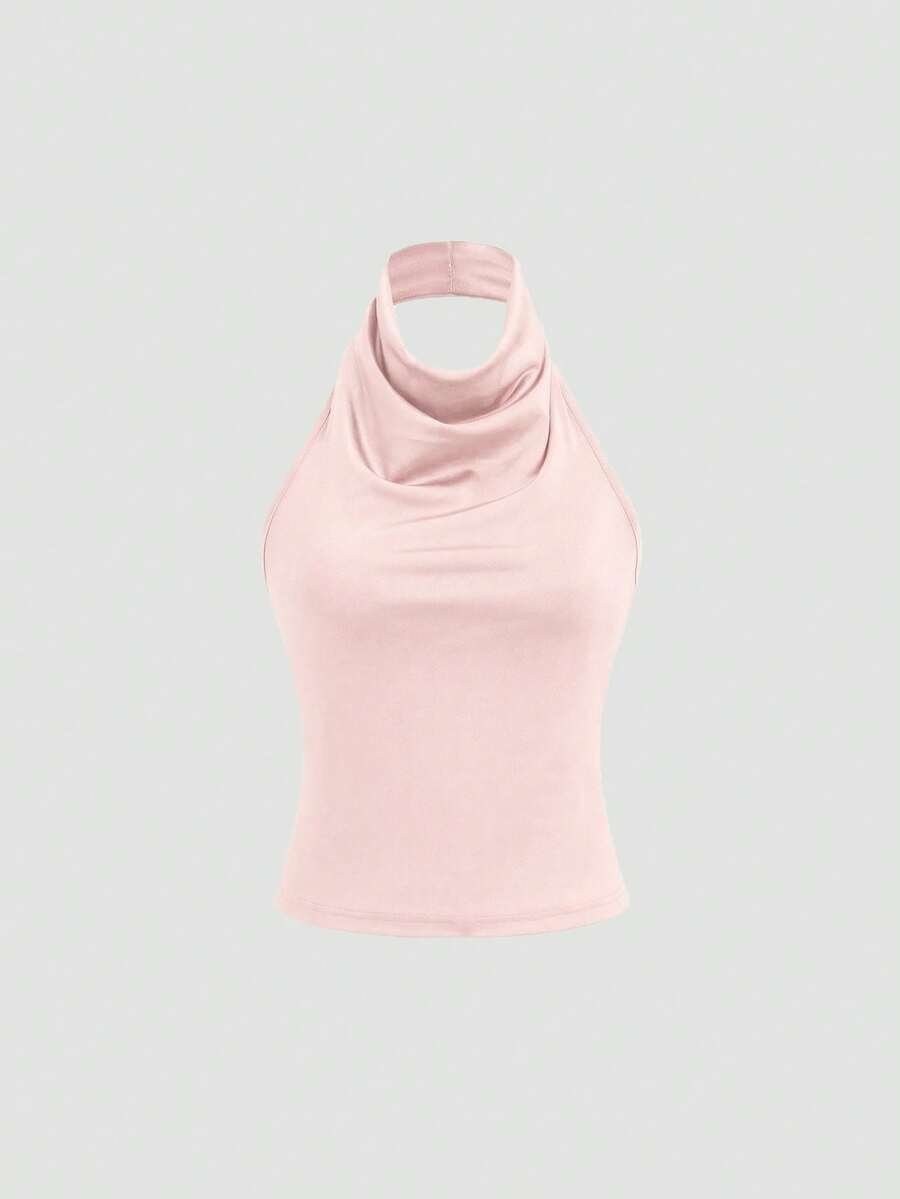 Sweetra Áo tank top đơn giản, thanh lịch, cổ yếm, có dây đeo chéo phía sau bằng thun co giãn, có thể điều chỉnh. - Màu Hồng baby - Xem 1